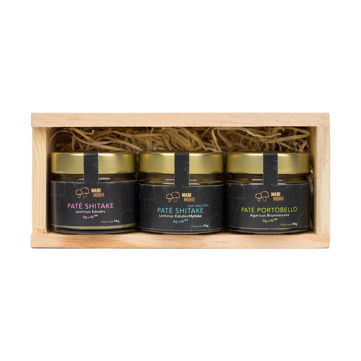 lote de patés de setas gourmet en estuche de madera